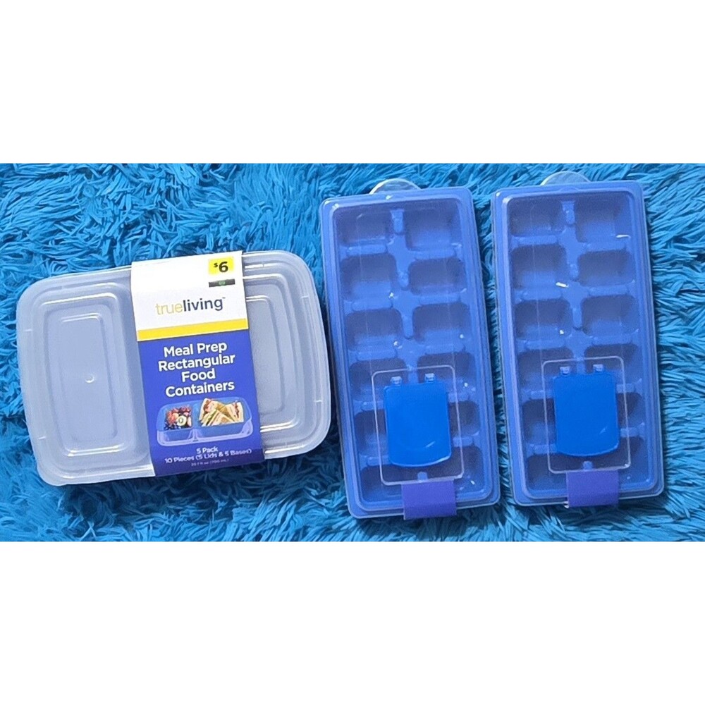 True Living Bundle- Meal Prep 5pk Containers & 2ct Plastic Ice Cube Trays w/Lid